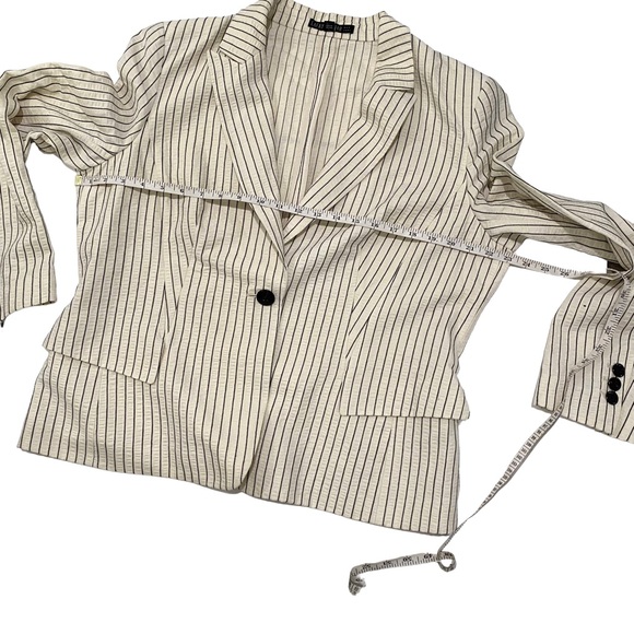 Lafayette 148 New York Off White Navy Pinstripe Cotton Blazer single one button - Picture 8 of 9